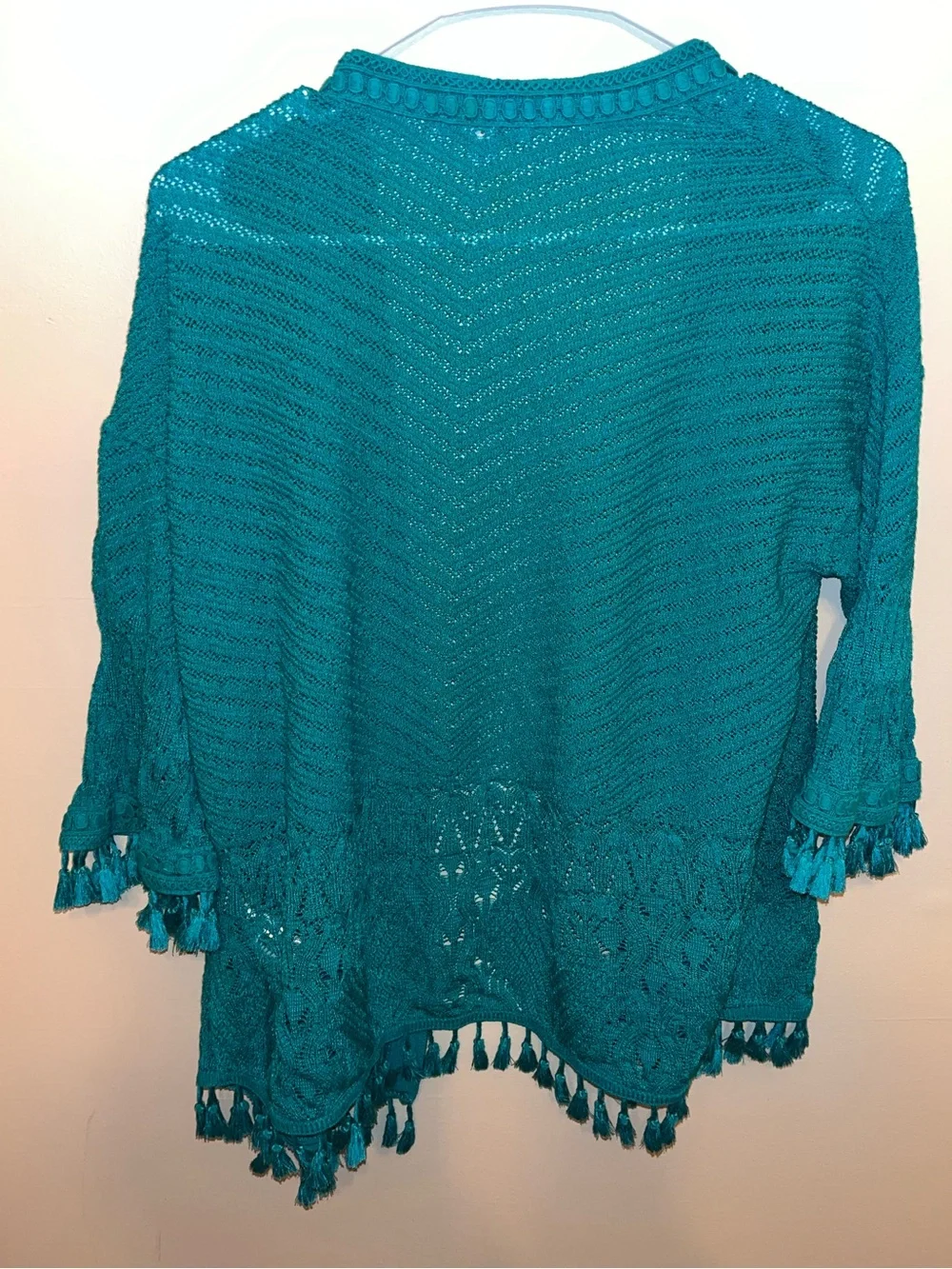 Chicos Womens Teal Long Sleeve Open Front Knit Cardigan Tassel Trim Size 1 M EUC